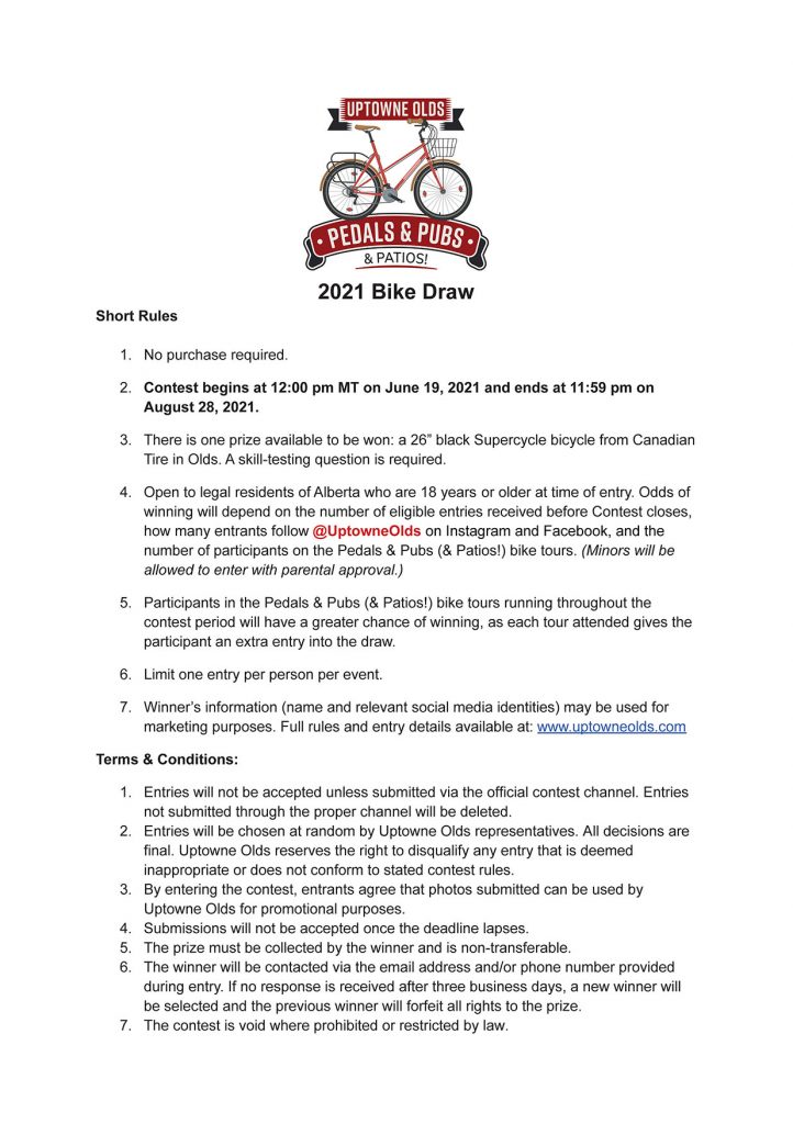 2021 Pedals & Pubs 2021 Bike Draw Short Rules